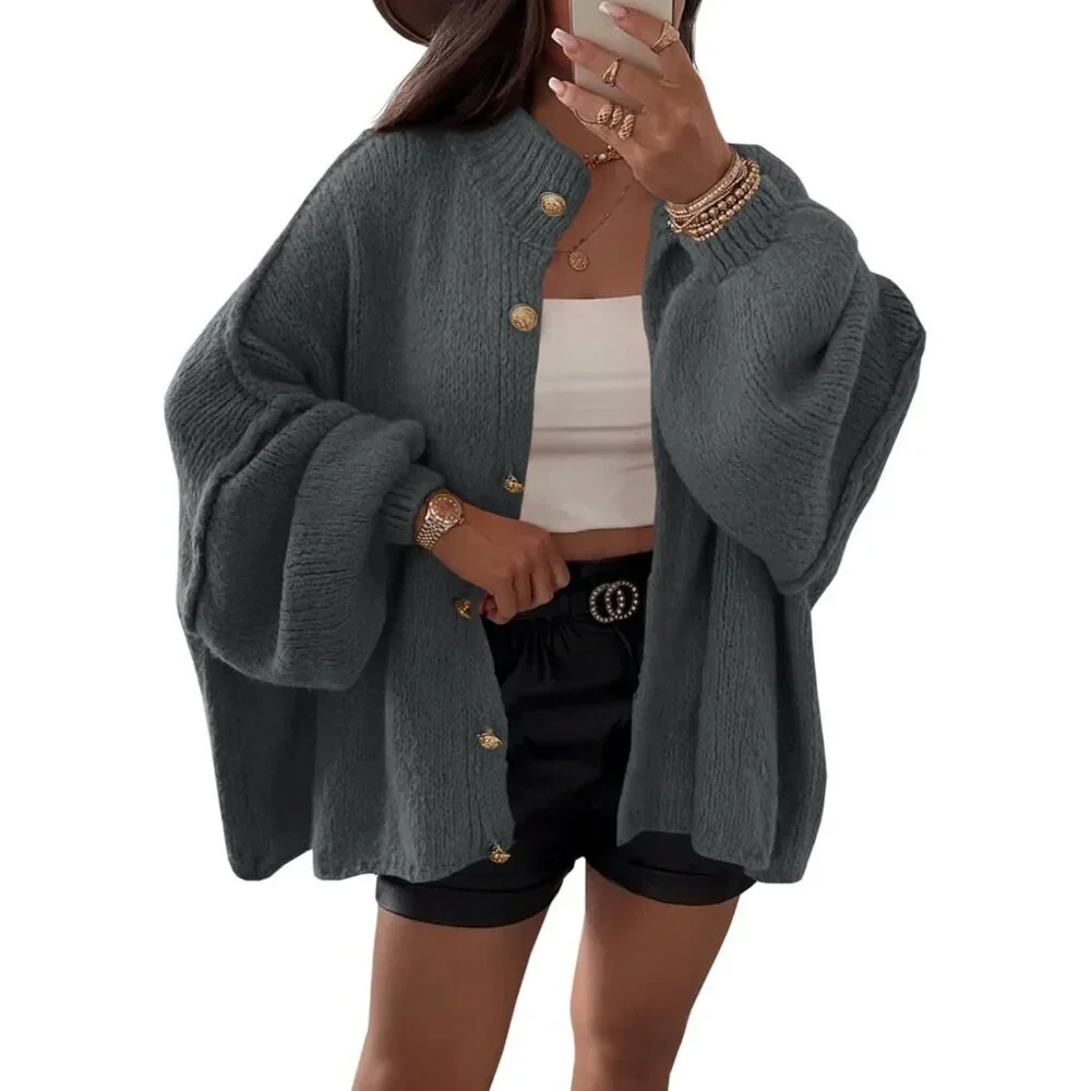 Women's Dark Gray Oversized Cardigans Button Down Chunky Fall Sweater Coats - Picture 1 of 5